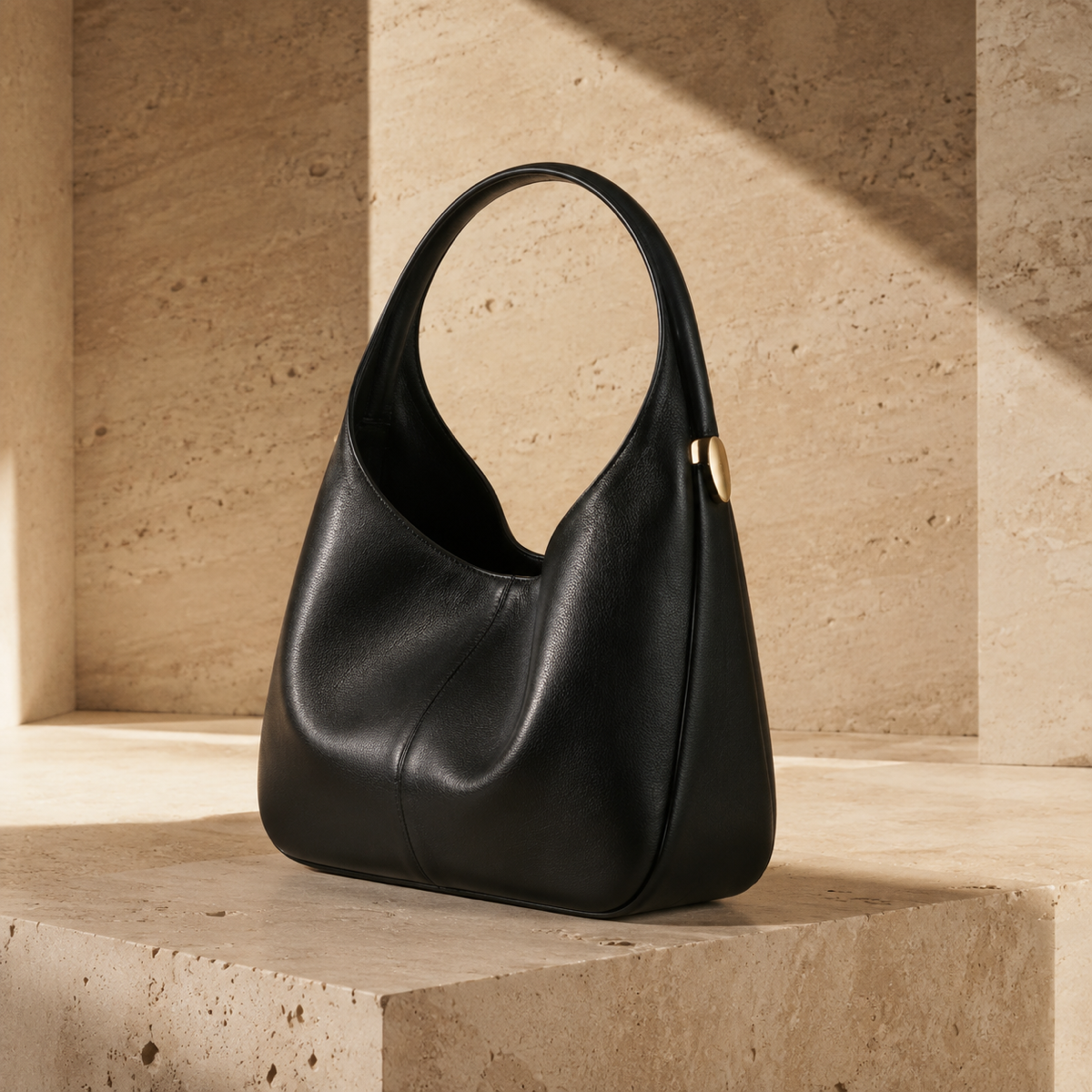 Fashion visual with a sculptural black handbag