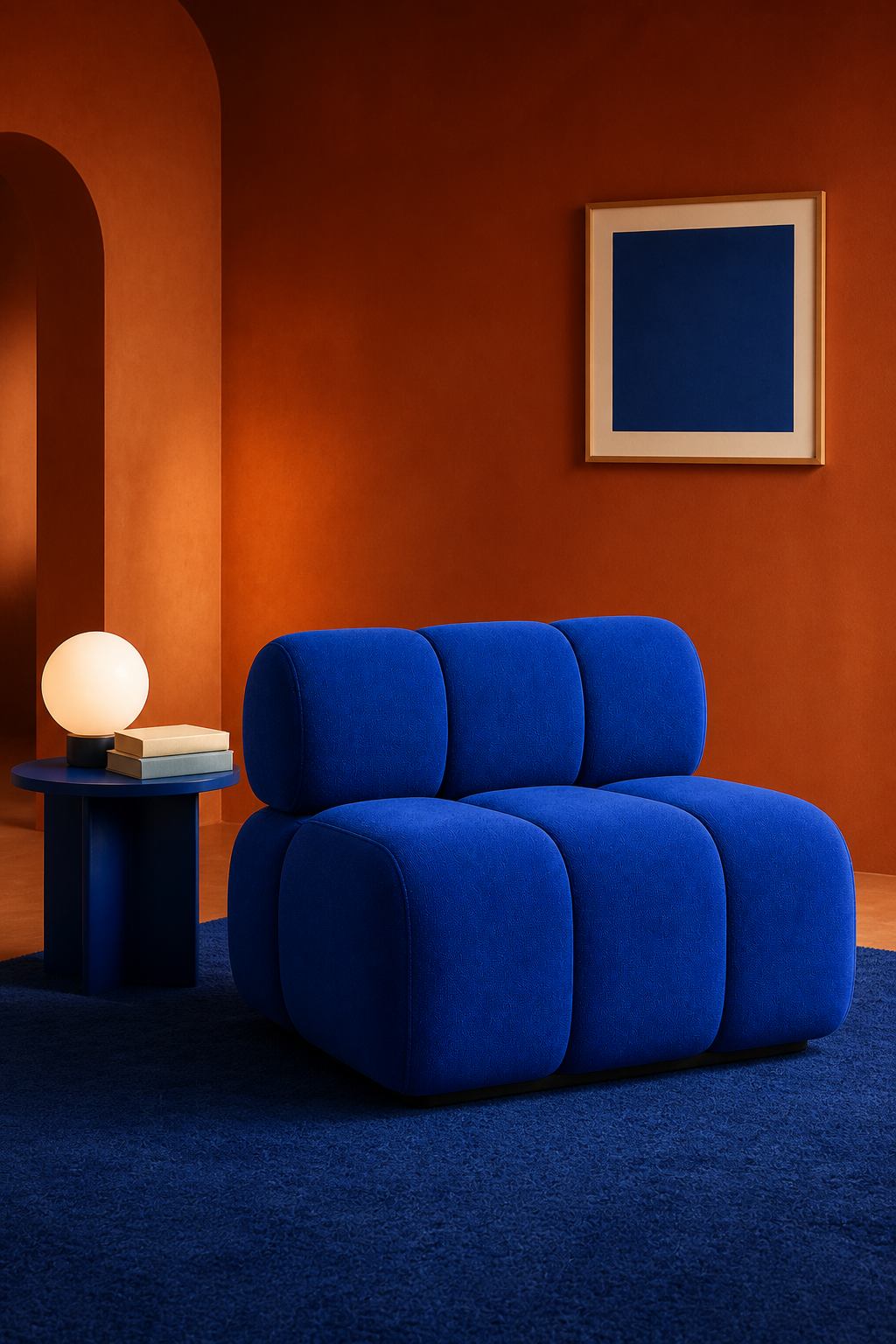 Cobalt blue chair in a warm terracotta editorial setting